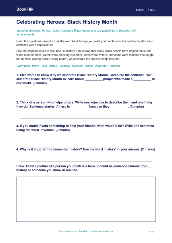 Free Black History Month Worksheet | Grade 2 | ELA | BookFlik worksheet preview — English Black History Month