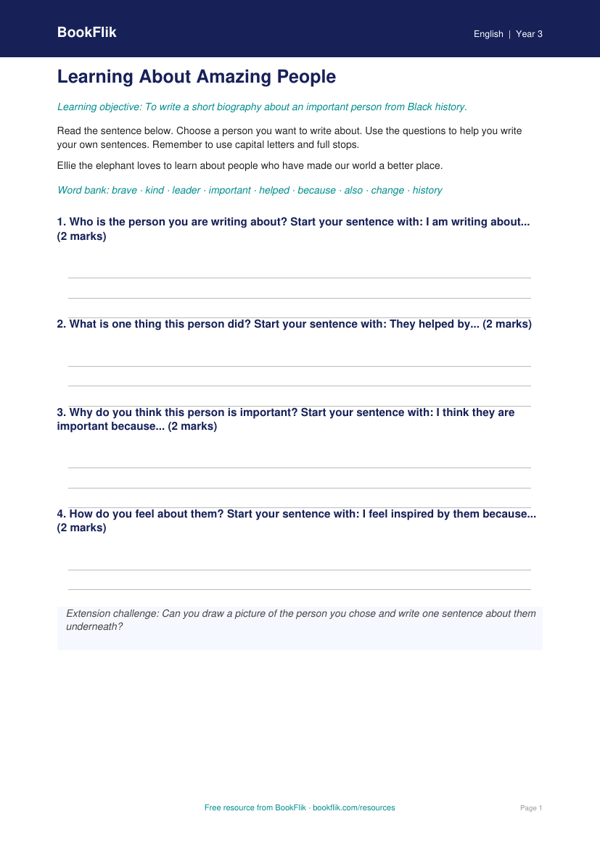 Free Black History Month Writing Frame | Grade 2 | ELA | BookFlik worksheet preview — English Black History Month