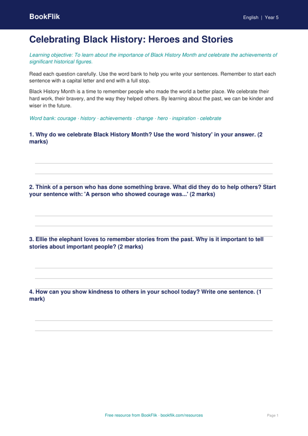 Free Black History Month Worksheet | Grade 4 | ELA | BookFlik | Free