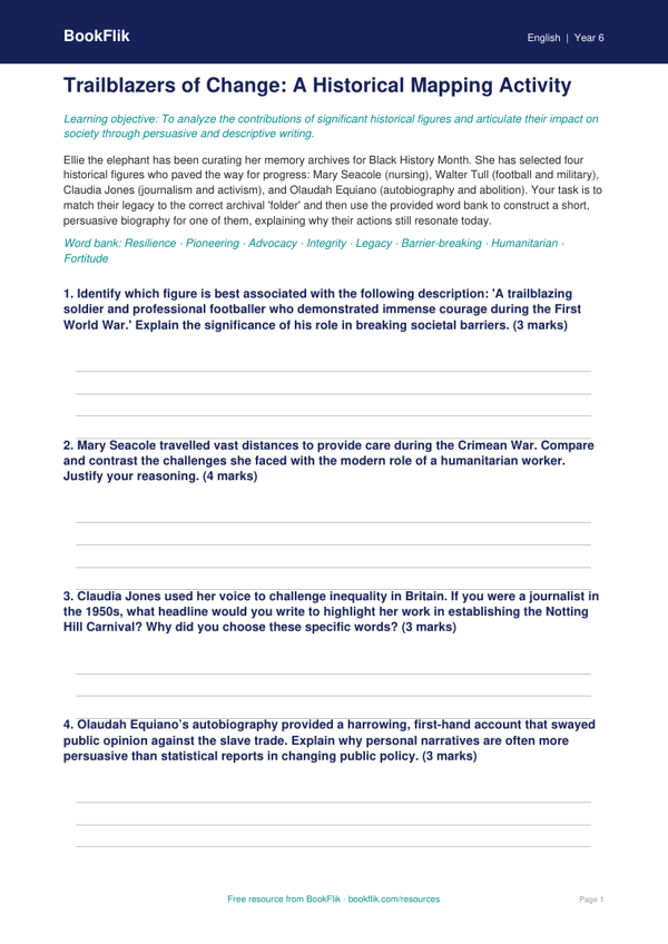 Free Black History Month Activity Sheet | Grade 5 | ELA | BookFlik worksheet preview — English Black History Month