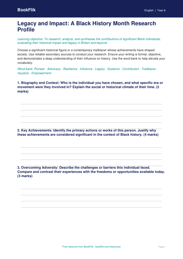 Free Black History Month Template | Grade 5 | ELA | BookFlik