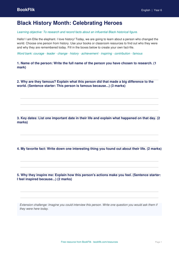Free Black History Month Template | Grade 5 | ELA | BookFlik worksheet preview — English Black History Month