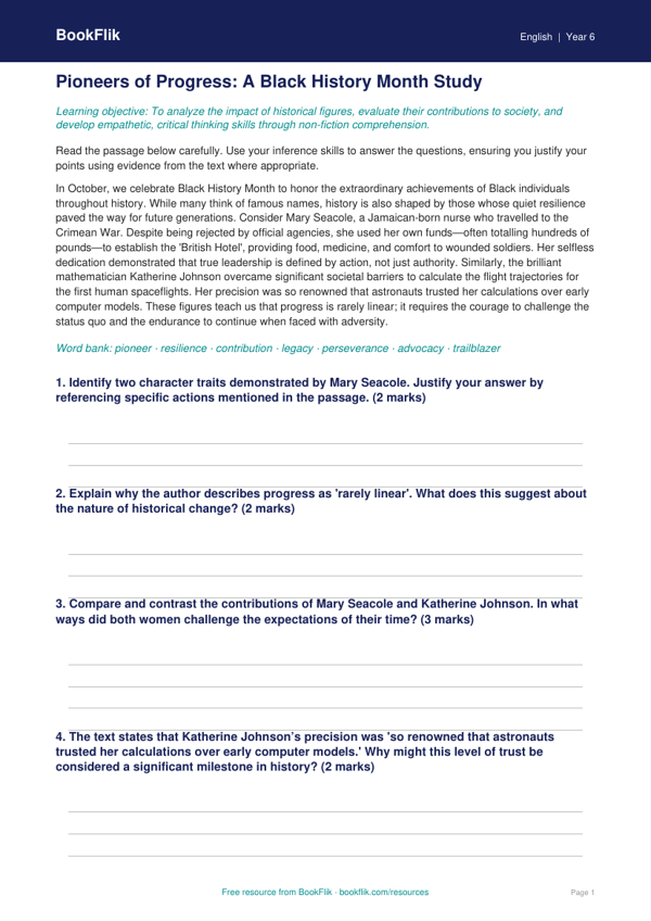 Free Black History Month Track Sheet | Grade 5 | ELA | BookFlik worksheet preview — English Black History Month