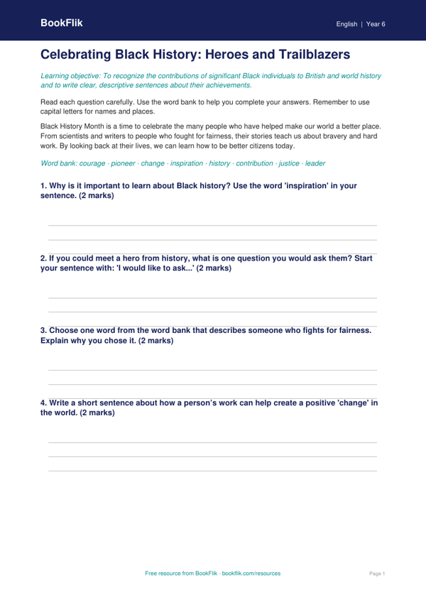 Free Black History Month Worksheet | Grade 5 | ELA | BookFlik worksheet preview — English Black History Month