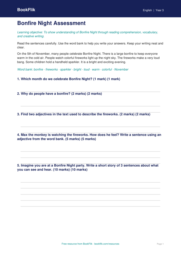 Free Bonfire Night Reading Worksheet | Grade 2 | ELA | BookFlik worksheet preview — English Bonfire Night