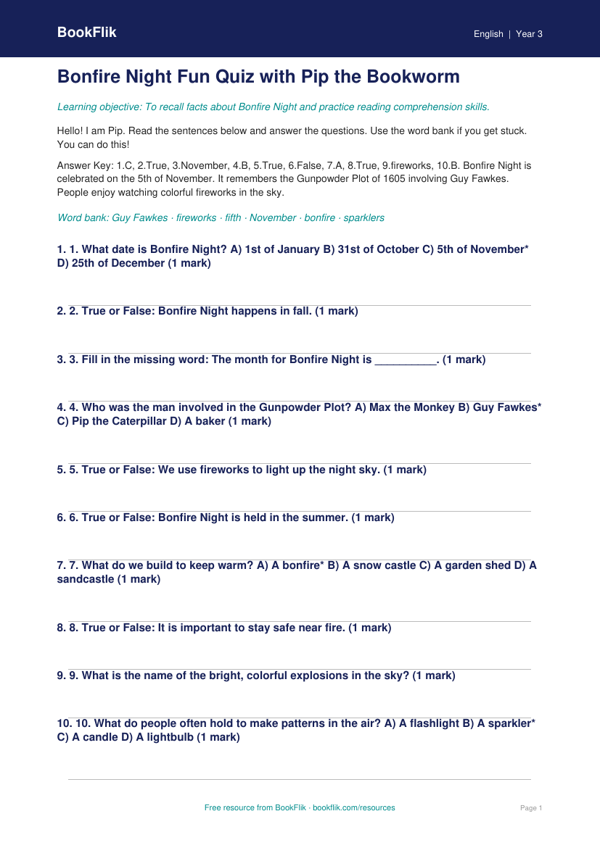 Free Bonfire Night Quiz | Grade 2 | ELA | BookFlik worksheet preview — English Bonfire Night