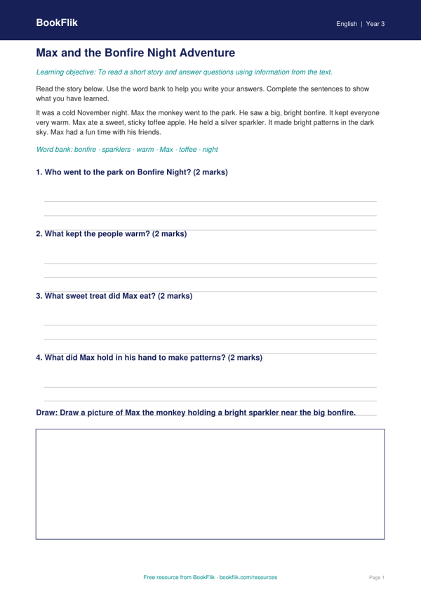 Free Bonfire Night Reading Worksheet | Grade 2 | ELA | BookFlik worksheet preview — English Bonfire Night
