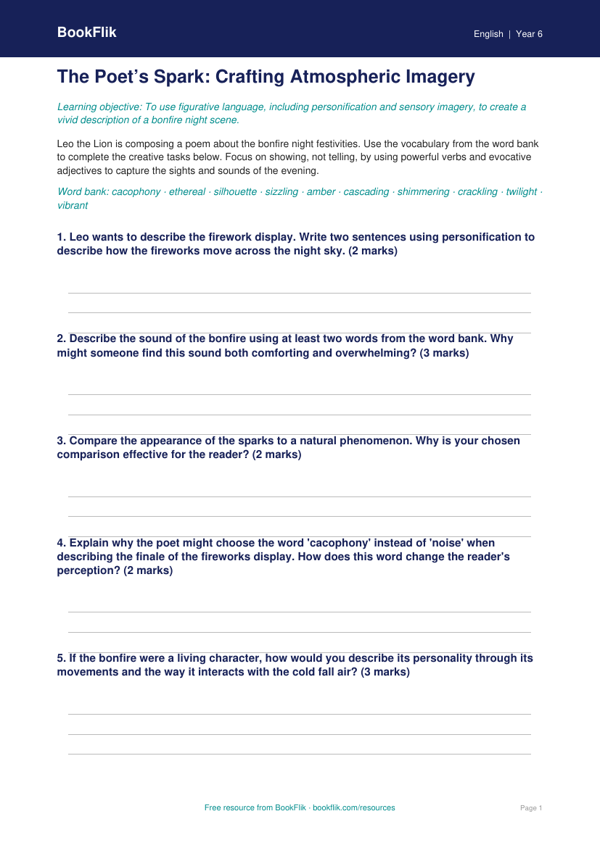 Bonfire Night Reading & Analysis Worksheet | Grade 5 ELA | BookFlik worksheet preview — English Bonfire Night