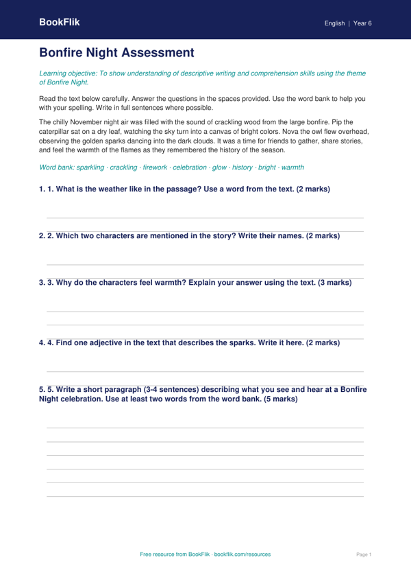 Free Bonfire Night Reading Worksheet | Grade 5 | ELA | BookFlik