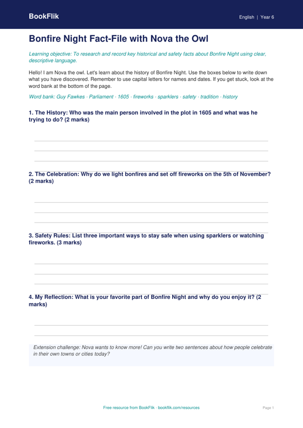 Free Bonfire Night Writing Template | Grade 5 | ELA | BookFlik worksheet preview — English Bonfire Night