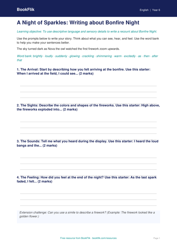 Free Bonfire Night Writing Frame | Grade 5 | ELA | BookFlik