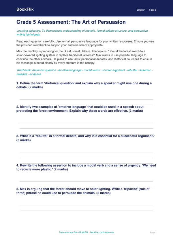Free Debate And Rhetoric Assessment | Grade 5 | ELA | BookFlik
