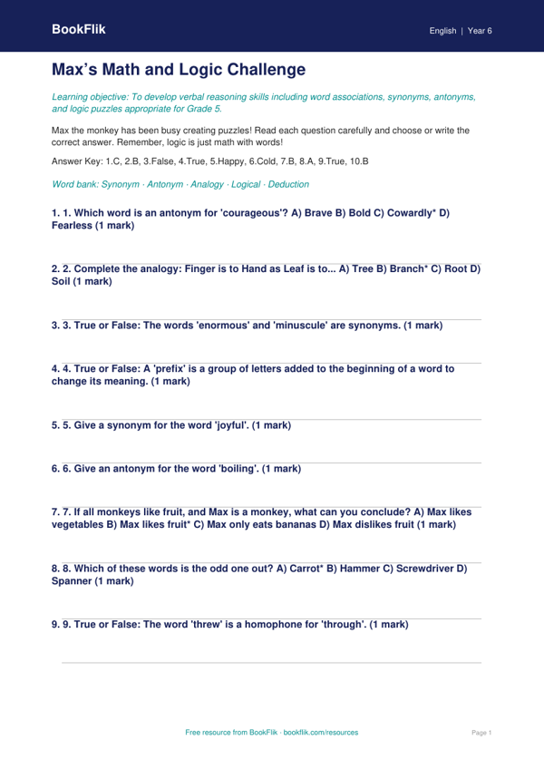 Free Verbal Reasoning Quiz | Grade 5 | ELA | BookFlik worksheet preview — English Verbal Reasoning