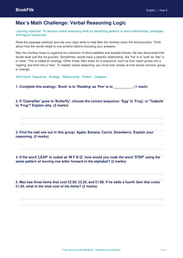 Free Verbal Reasoning Track Sheet | Grade 5 | ELA | BookFlik worksheet preview — English Verbal Reasoning