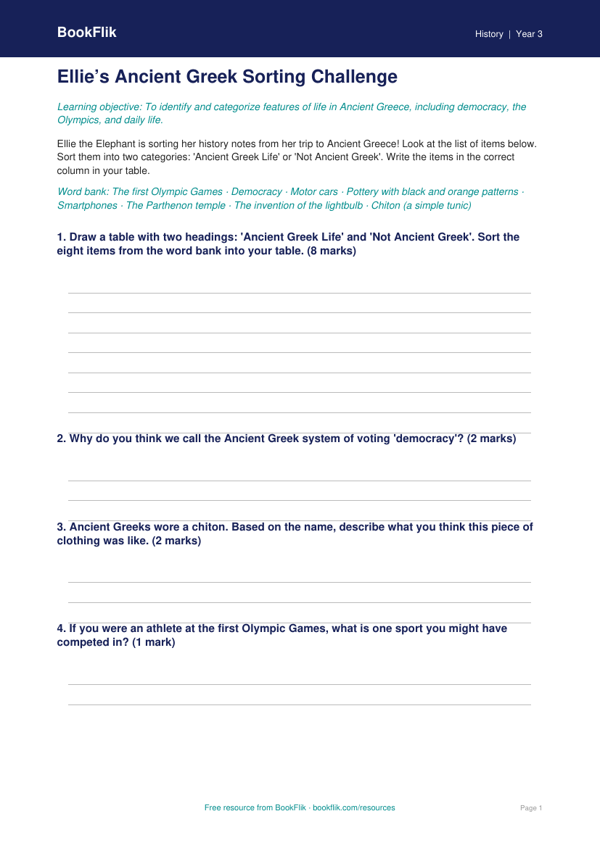 Free Ancient Greece Activity Sheet | Grade 2 | History | BookFlik worksheet preview — History Ancient Greece