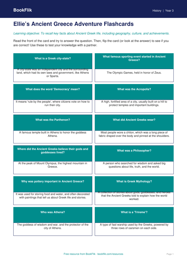 Free Ancient Greece Flashcards | Grade 2 | History | BookFlik worksheet preview — History Ancient Greece