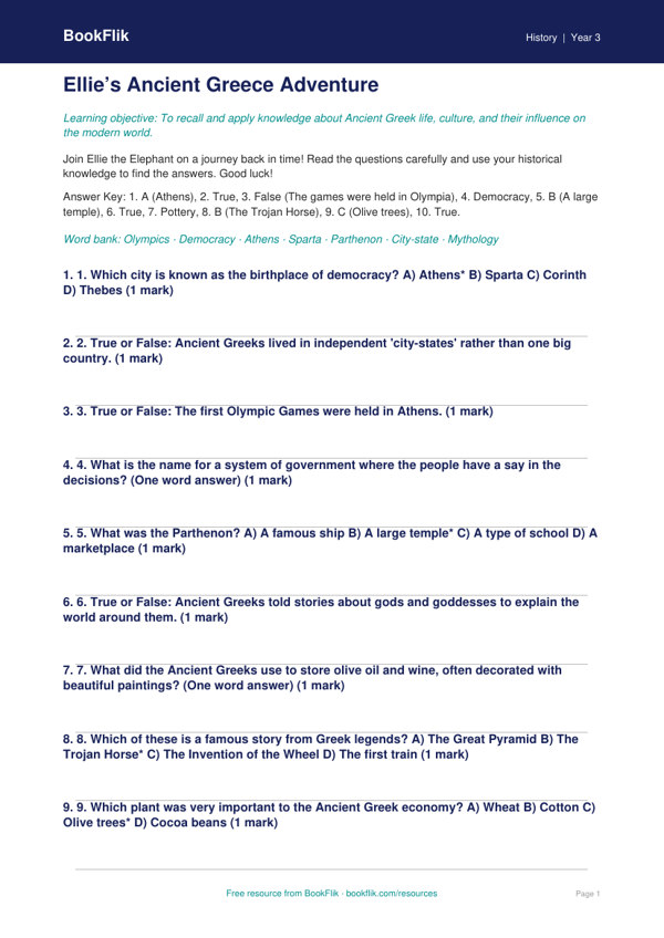 Free Ancient Greece Quiz | Grade 2 | History | BookFlik worksheet preview — History Ancient Greece