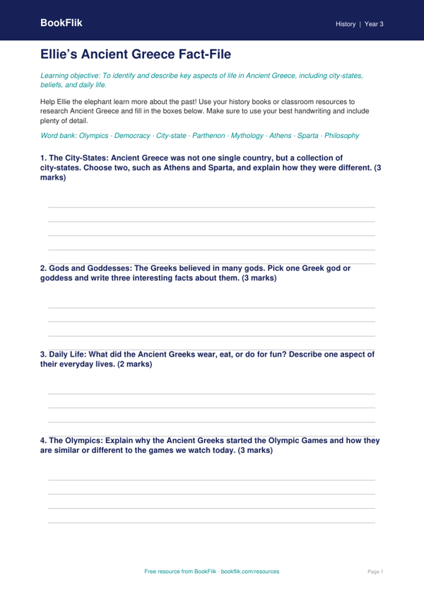 Free Ancient Greece Template | Grade 2 | History | BookFlik worksheet preview — History Ancient Greece