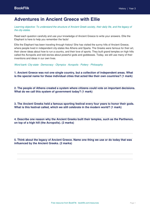 Free Ancient Greece Worksheet | Grade 2 | History | BookFlik worksheet preview — History Ancient Greece