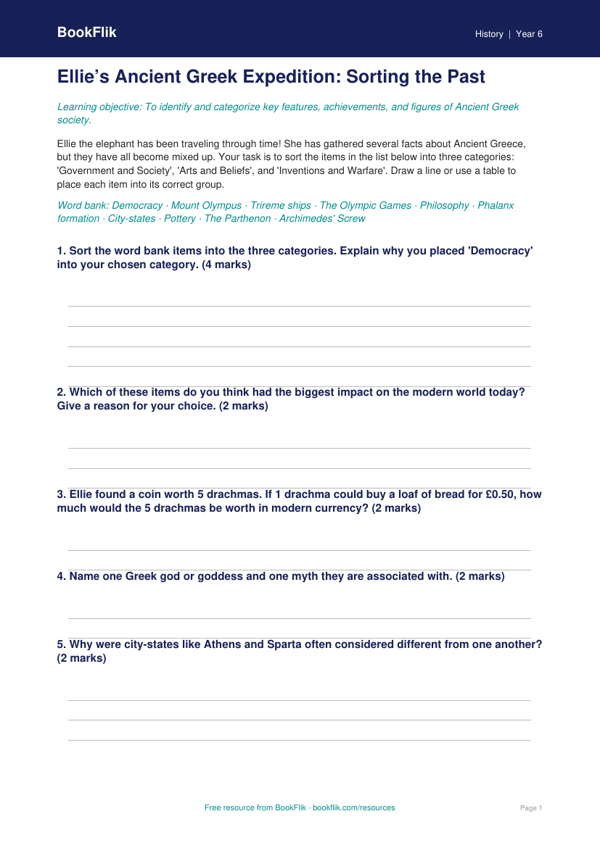 Free Ancient Greece Activity Sheet | Grade 5 | History | BookFlik
