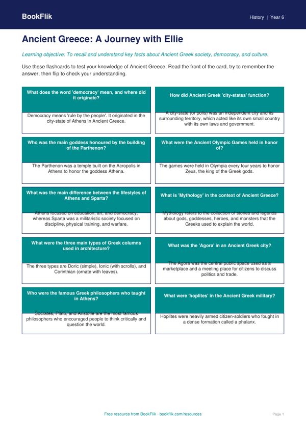 Free Ancient Greece Flashcards | Grade 5 | History | BookFlik