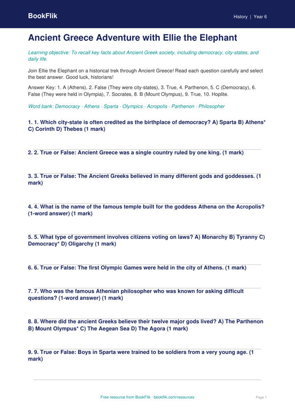 Free Ancient Greece Quiz | Grade 5 | History | BookFlik worksheet preview — History Ancient Greece