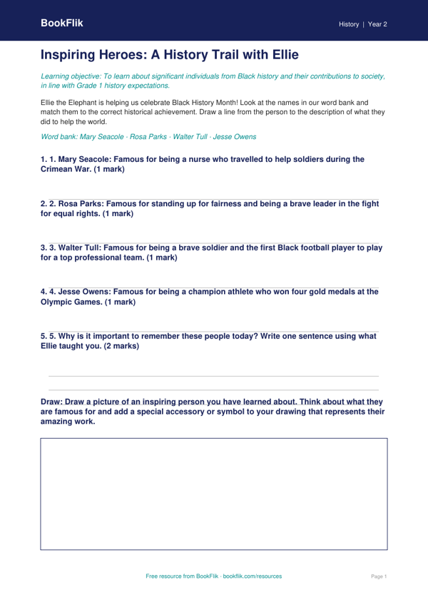 Free Black History Month Activity Sheet | Grade 1 | History | BookFlik worksheet preview — History Black History Month