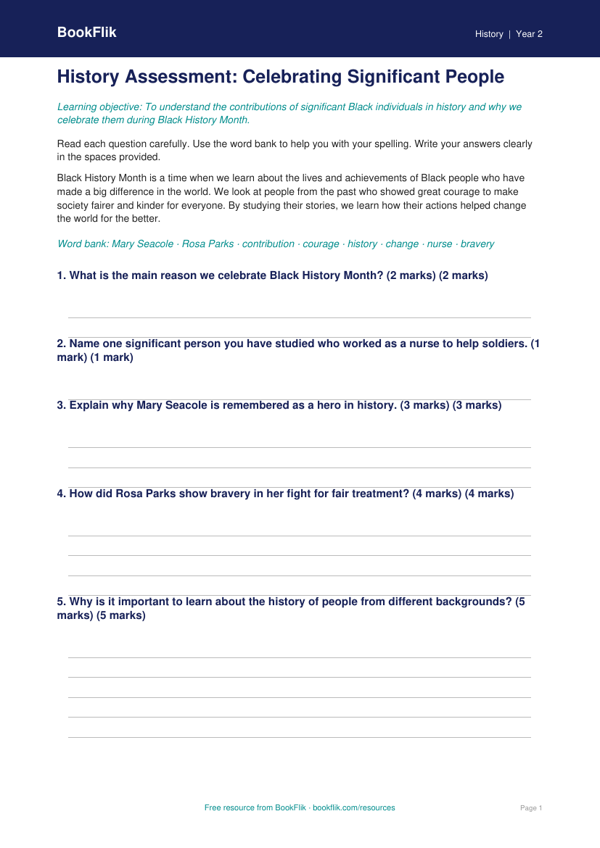 Free Black History Month Assessment | Grade 1 | History | BookFlik worksheet preview — History Black History Month