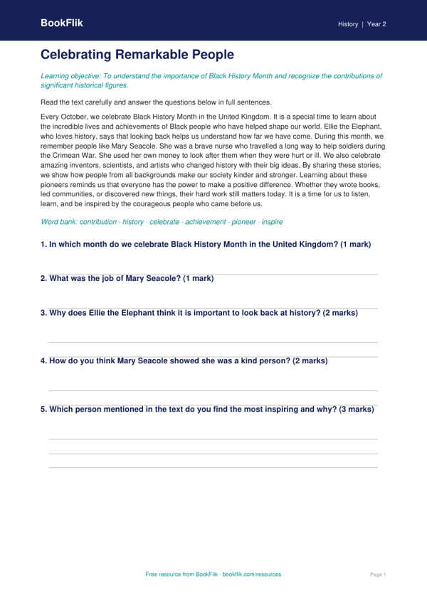 Free Black History Month Comprehension | Grade 1 | History | BookFlik worksheet preview — History Black History Month