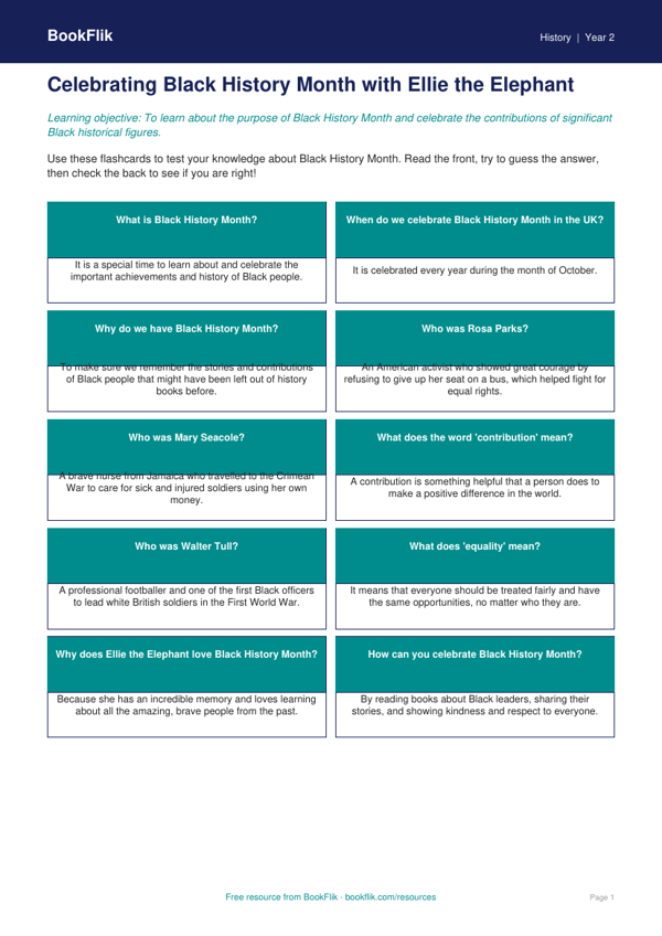 Free Black History Month Flashcards | Grade 1 | History | BookFlik worksheet preview — History Black History Month