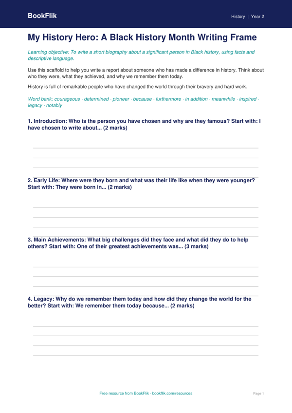 Free Black History Month Writing Frame | Grade 1 | History | BookFlik worksheet preview — History Black History Month