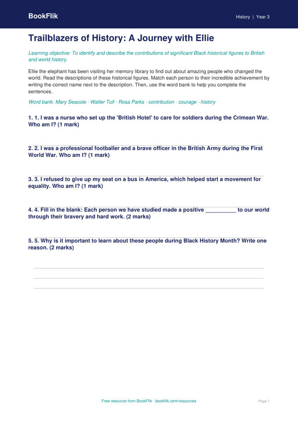 Free Black History Month Activity Sheet | Grade 2 | History | BookFlik worksheet preview — History Black History Month