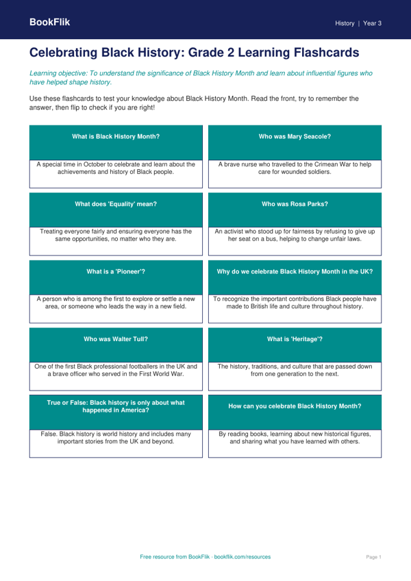 Free Black History Month Flashcards | Grade 2 | History | BookFlik worksheet preview — History Black History Month
