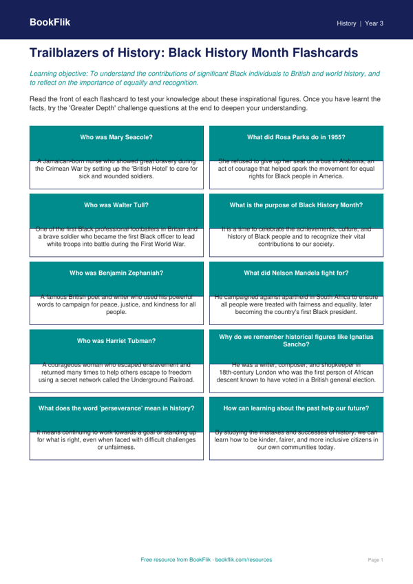 Free Black History Month Flashcards | Grade 2 | History | BookFlik worksheet preview — History Black History Month