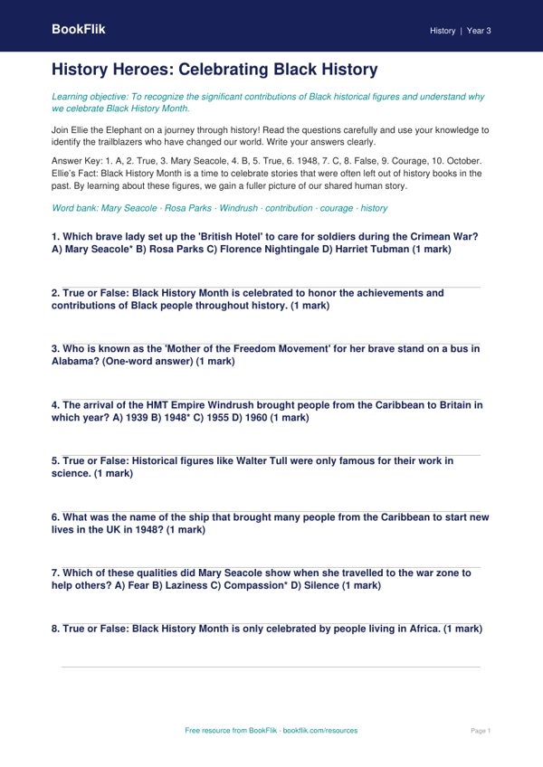 Free Black History Month Quiz | Grade 2 | History | BookFlik worksheet preview — History Black History Month