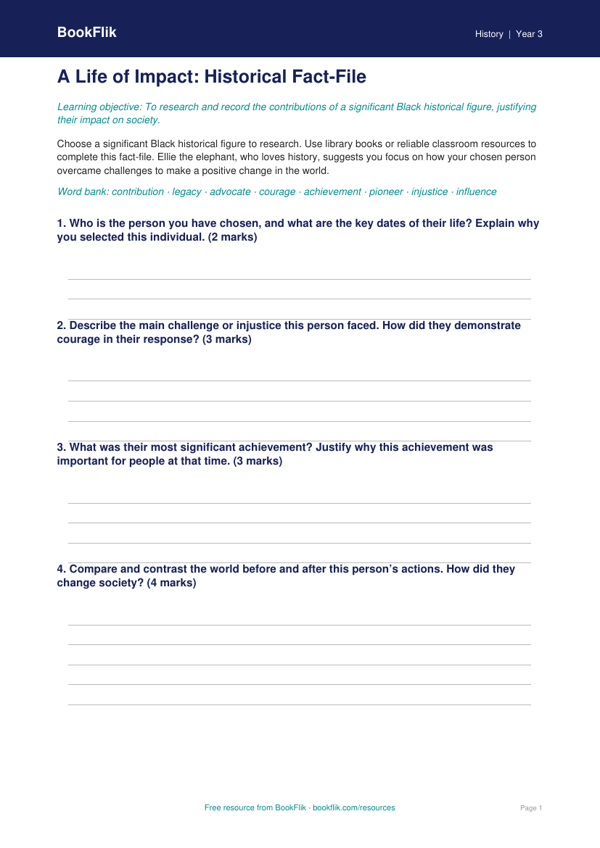 Free Black History Month Template | Grade 2 | History | BookFlik worksheet preview — History Black History Month