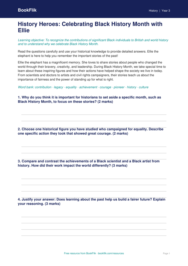 Free Black History Month Worksheet | Grade 2 | History | BookFlik worksheet preview — History Black History Month