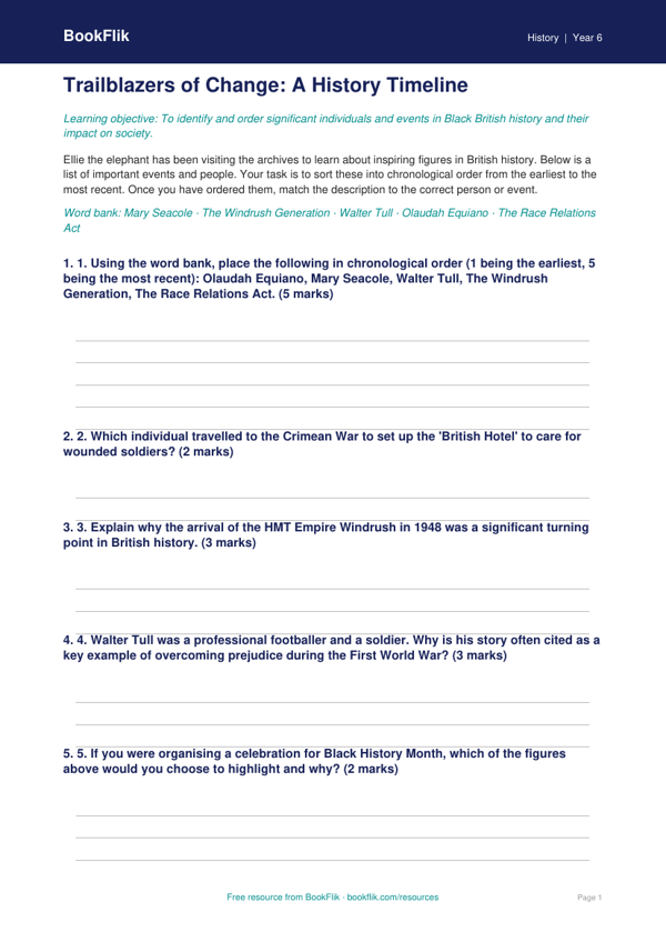 Free Black History Month Activity Sheet | Grade 5 | History | BookFlik worksheet preview — History Black History Month