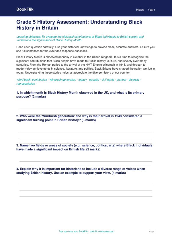 Free Black History Month Assessment | Grade 5 | History | BookFlik worksheet preview — History Black History Month
