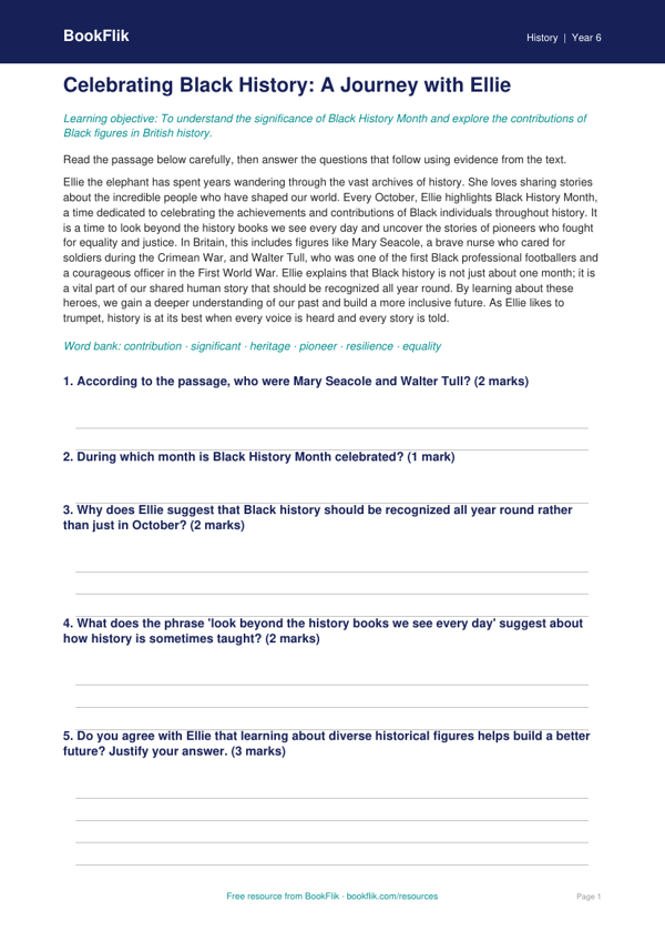 Free Black History Month Comprehension | Grade 5 | History | BookFlik worksheet preview — History Black History Month