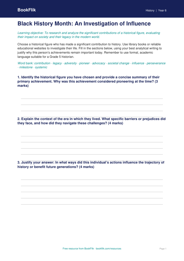 Free Black History Month Template | Grade 5 | History | BookFlik worksheet preview — History Black History Month