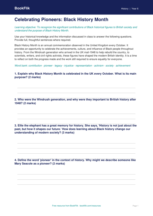 Free Black History Month Worksheet | Grade 5 | History | BookFlik