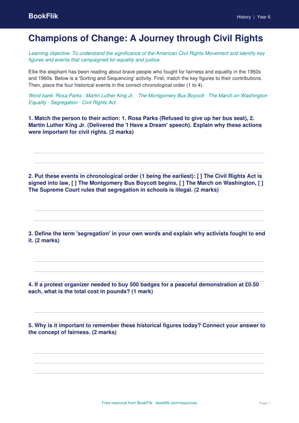 Free Civil Rights Activity Sheet | Grade 5 | History | BookFlik worksheet preview — History Civil Rights