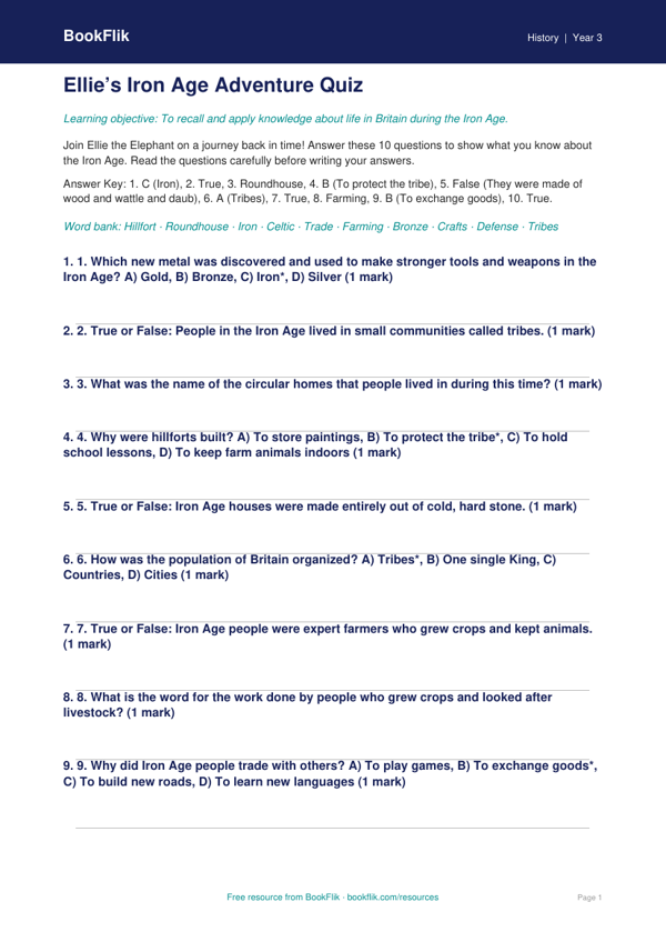 Free Iron Age Quiz | Grade 2 | History | BookFlik worksheet preview — History Iron Age