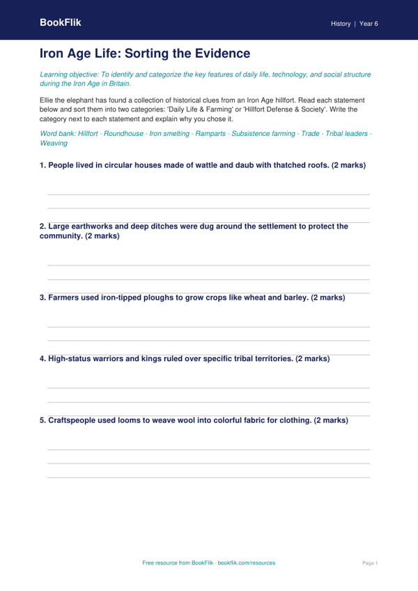 Free Iron Age Activity Sheet | Grade 5 | History | BookFlik worksheet preview — History Iron Age