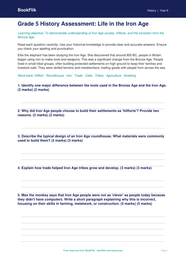 Free Iron Age Assessment | Grade 5 | History | BookFlik