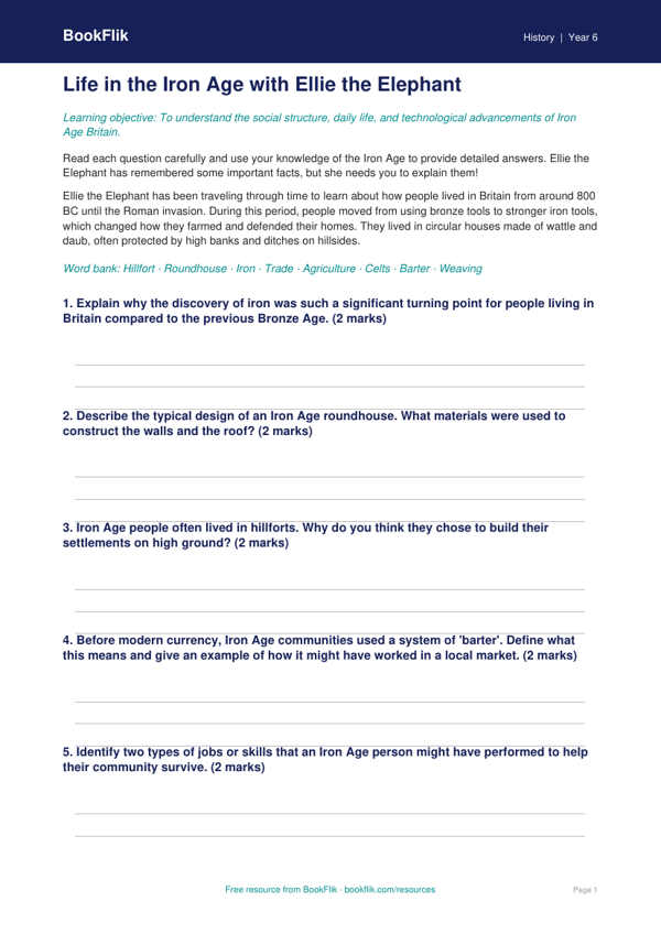 Free Iron Age Worksheet | Grade 5 | History | BookFlik worksheet preview — History Iron Age