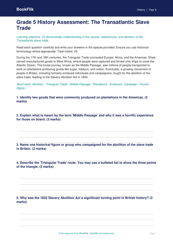Free Slavery Assessment | Grade 5 | History | BookFlik worksheet preview — History Slavery