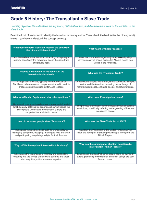 Free Slavery Flashcards | Grade 5 | History | BookFlik