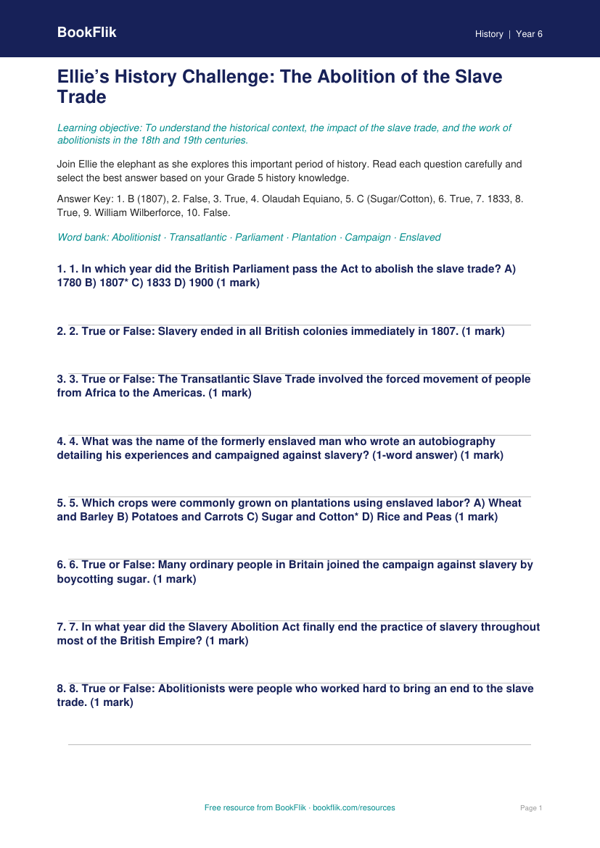 Free Slavery Quiz | Grade 5 | History | BookFlik worksheet preview — History Slavery